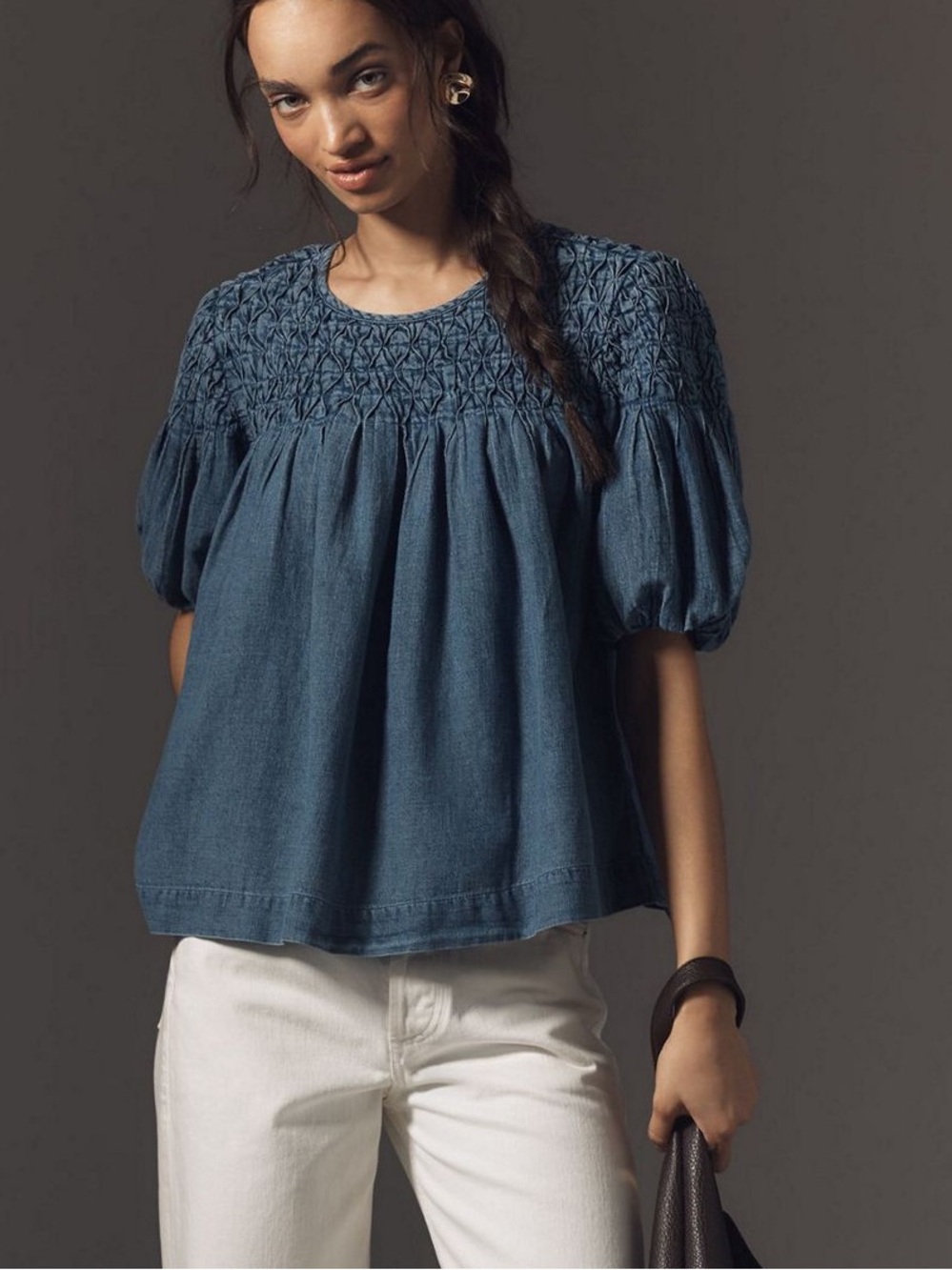 NWT Anthropologie Denim Smocked Blouse